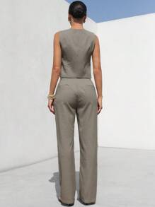 Aveloria Modichic 复古风格两件套：一件格子露肩背心和宽松阔腿裤，优雅的商务休闲装 - 卡其色 - 查看 3