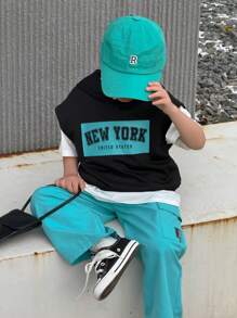 SHEIN 2pcs/Set Young Boy Casual Korean Style Letter Print Raglan Hoodie And Wide Leg Sweatpants Set, Suitable For School, Garden, Beach, Birthday, Spring/Summer/Autumn/Winter - Blue - View 6