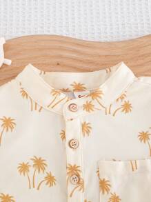 Cozy Pixies 2pcs Toddler Boy Cartoon Coconut Tree Short Sleeve Polo Collar Pullover Top And Solid Color Elastic Waist Shorts Set