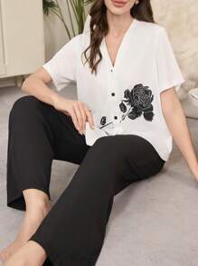 玫瑰花印花休闲短袖上衣和裤子女士睡衣套装 - 彩色 - 查看 3