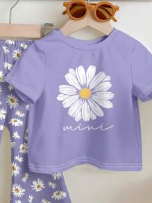 SHEIN طقم تي شيرت قصير الأكمام بياقة دائرية وبنطال واسع للبنات الرضع بأسلوب بوهيمي مع طبعات أزهار الهندباء باللون البنفسجي الفاتح، مناسب للربيع والصيف