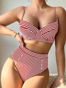 SHEIN Swim Beach Summer Outfits For Women, Random Print Bikini Set - Red and White - View 3