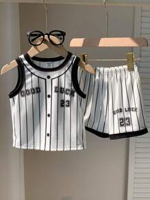 SHEIN 2pcs/Set Toddler/Infant Unisex Black & White Baseball Jersey Letter & Striped Pattern Round Neck Short Sleeve Top And Elastic Waist Shorts, Suitable For Sports - Black and White - View 3