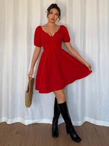 Calvaya Spring/Summer Regular Women Bubble Puff Sleeve Deep V-Neck Lace Wrap Bodice Elegant Sexy Party Dress, Short Red Cocktail Dress For Gala, New Year's Eve, Wedding