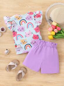 SHEIN 2pcs/Set Young Girls Cute Cat & Rainbow Cartoon Print Short Sleeve T-Shirt Top & Bow Shorts, Casual/Cute/Outdoor, Suitable For School Suitable For Summer