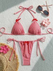SHEIN Swim Women Random Plaid Print Spaghetti Strap Bow Ruffle Hem Cute Bikini Set, Beach Summer Bathing Suit Outfit - Pink - View 1