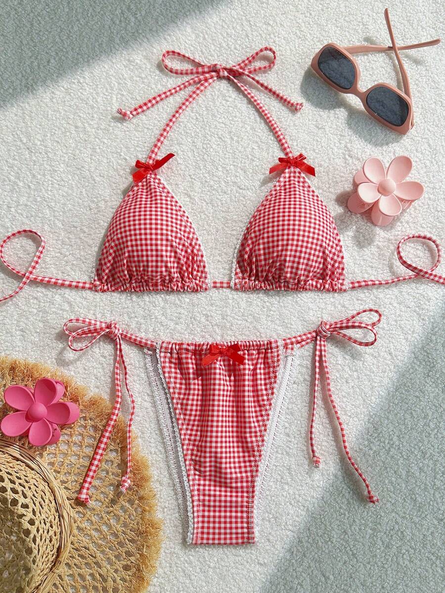 SHEIN Swim Women Random Plaid Print Spaghetti Strap Bow Ruffle Hem Cute Bikini Set, Beach Summer Bathing Suit Outfit - Pink - View 1