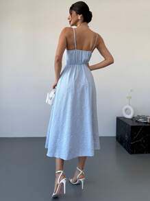 Firerie Abito da donna elegante e romantico, in tessuto dall'effetto minimale, con spalline sottili, di lunghezza media, adatto per appuntamenti e vacanze in primavera/estate - Blu - Visualizzare 6