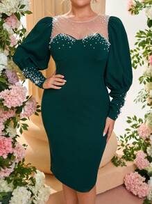 SHEIN Belle Plus Size Elegant Dark Green Vintage Puff Sleeve Long Sleeve Beaded Sheer Neck Midi Bodycon Evening Dress, Wedding Guest Dress, Party Dress, For Cocktail