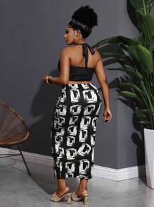 Slaydiva Plus Size Women 2pcs Set - Tied Neck Camisole Tank Top & Bodycon Skirt, Resort Wear - Multicolor - View 2