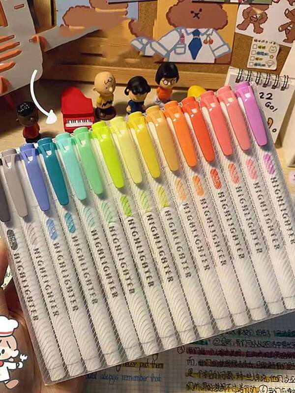 SHEIN 15pcs Double Ended Highlighters, Dual Tip Mild Color Highlighter Fluorescent Marker Pen For Coloring, Underlining, Highlighting,Broad And Fine Tips
