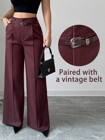 SHEIN PETITE Early Spring New Burgundy High-Waist Straight-Leg Pants With Matching Vintage Belt, Elegant Minimalist Style Suitable For Daily And Work Wear Petite In Woman Clothing Women Pants Women Dress Pants Business Casual Woman Women Pants Pants For Women Pants For Women Petite Women Wide Leg Pants Fall Cloth For Women