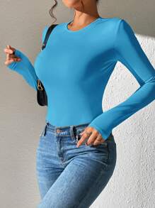 SHEIN PETITE Solid Slim Fit Spring Women Bodysuit - Blue - View 6