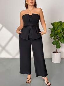 Firerie 2pcs/Set Plus Size Women Casual Elegant Ruched Waist Zipper Collar Blouse And Straight Leg Pants, Suitable For Work, Commute, And Vacation - Black - View 6