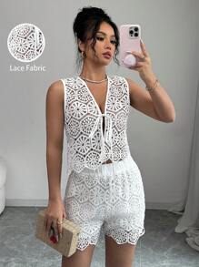 Elenzga 2pcs Women Floral Lace Front-Tie Vest And Shorts Fashion Set - White - View 1