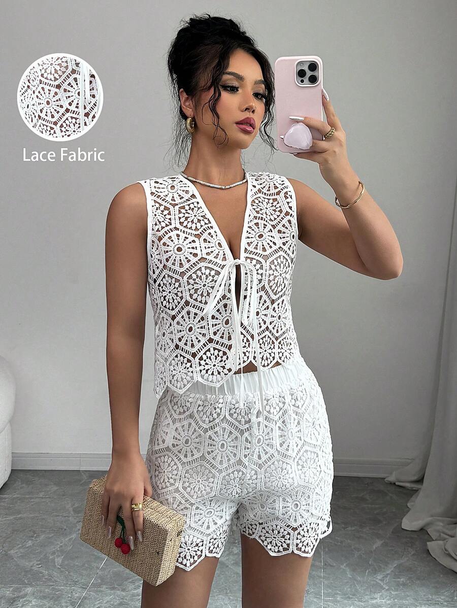 Elenzga 2pcs Women Floral Lace Front-Tie Vest And Shorts Fashion Set - White - View 1
