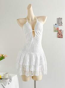 Soleia Vestido corto de mujer con escote en V y lazo en el cuello, diseño de espalda de encaje, ideal para la playa y vacaciones de verano románticas - Blanco - Ver 6