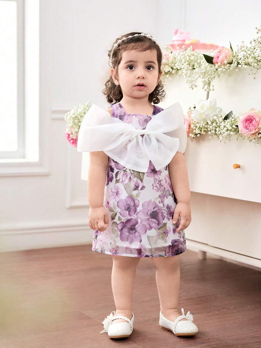 SHEIN Đầm nơ trang trí họa tiết hoa thanh lịch cho bé gái, phù hợp cho mùa hè - Màu tím - Xem 1