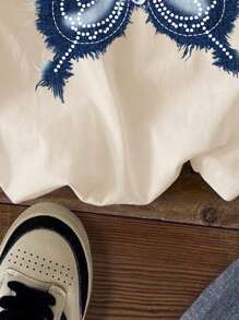 SHEIN 年轻女孩休闲图案短袖T恤，适合夏季 - 卡其色 - 查看 5