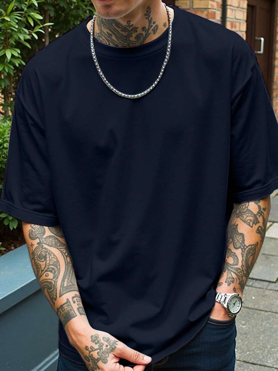 Manfinity Homme Plus Size Men's Casual Solid Color Short Sleeve T-Shirt - Navy Blue - View 1