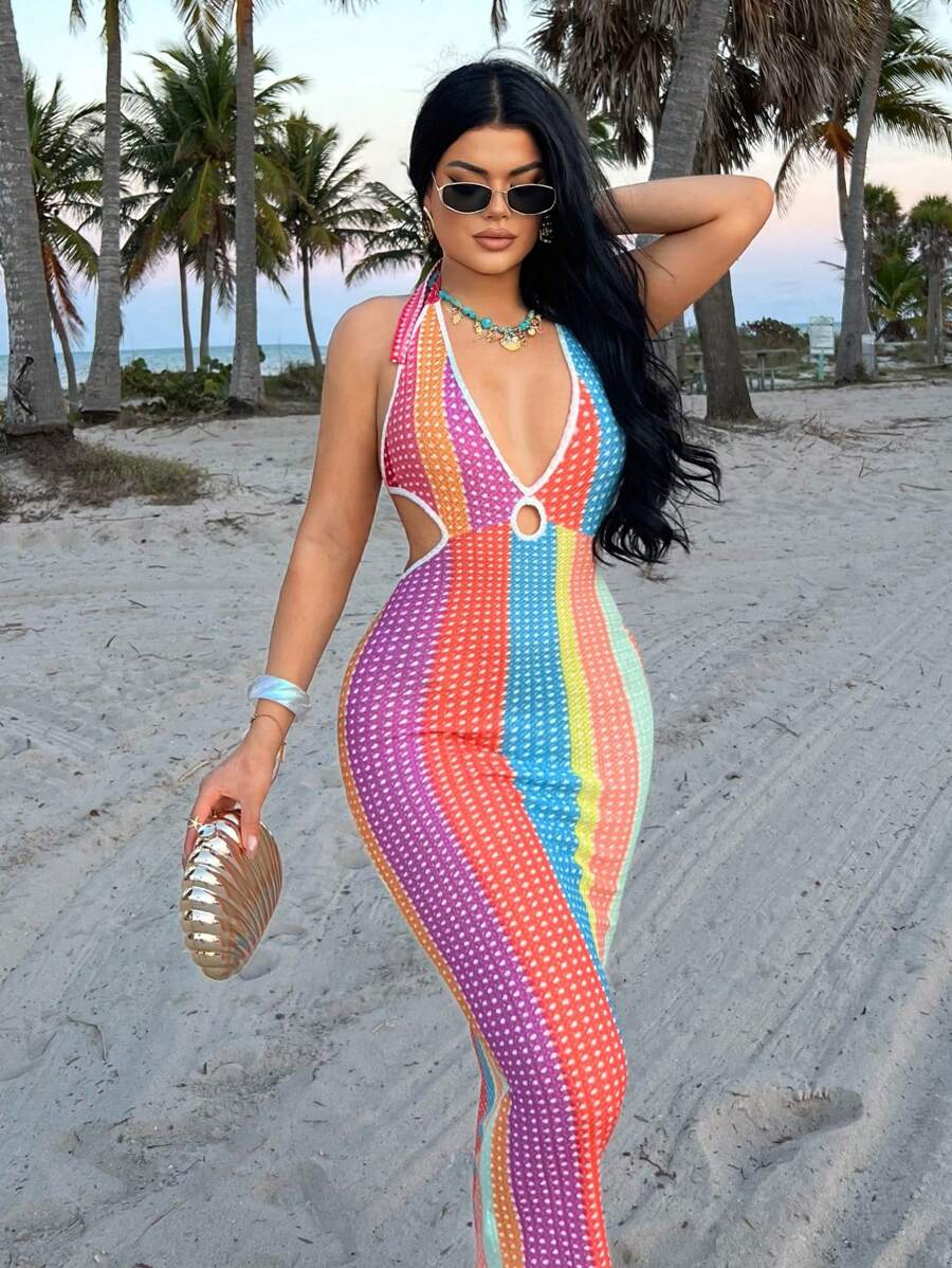 SHEIN SXY Women's Colorful Striped Hollow Out Sexy Deep V-Neck Mid-Length Slip Dress ,Beach Dresses For Women,Spring Outfits For Women,Vacation Outfits Woman,Sexy,Boho,Resort Wear Women,Ibiza Outfits,Sexy,Spring Break,Summer - Multicolor - View 1