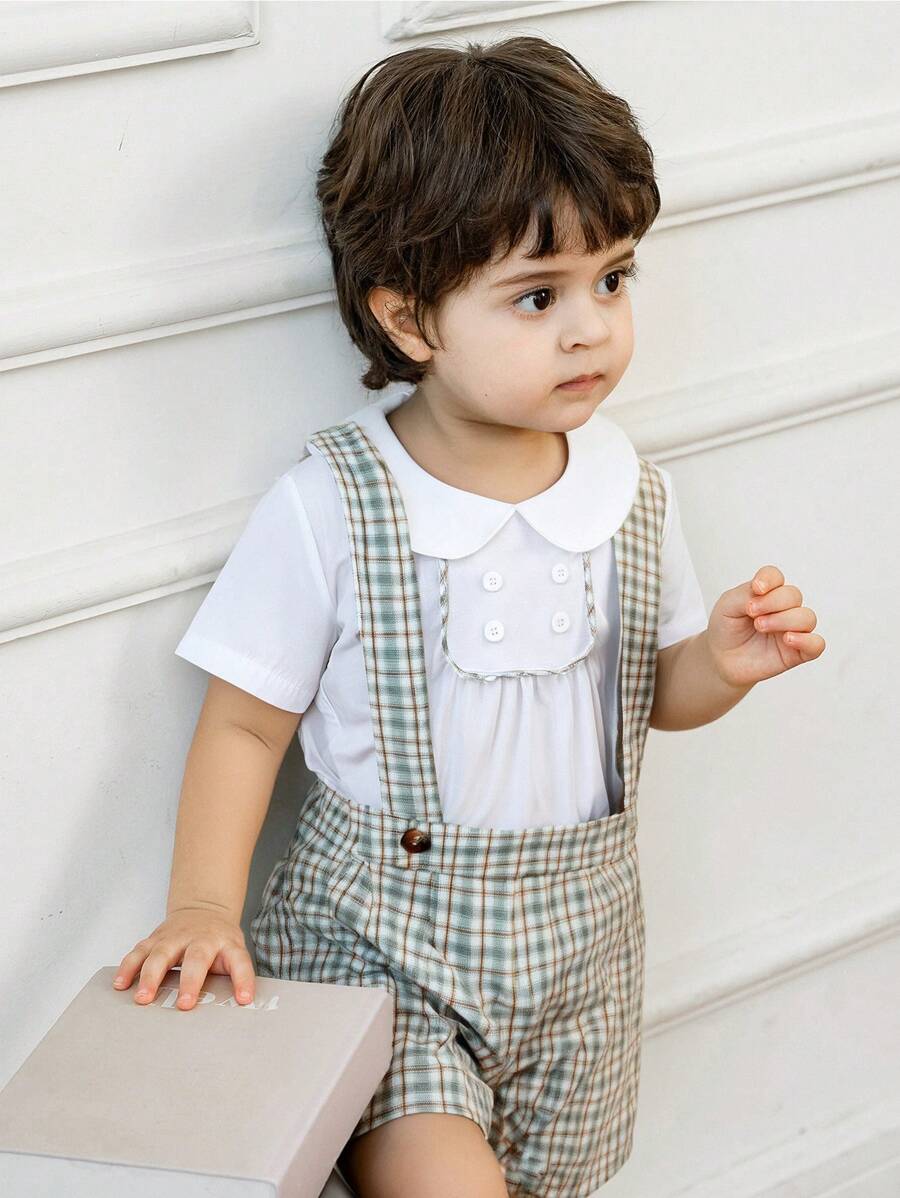 Souflis Souflis 2 件男婴绅士装：纯色 Polo 衫 + 可调节腰部格子短裤