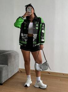 POPSWAY Plus Size Women Cool Splice Detail Jacket In Pink - Green - View 7