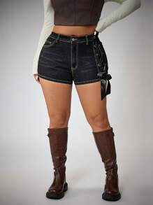 Jeanoix Pantaloni scurți din denim pentru femei, stil cowboy occidental, mărime plus, la modă, spălati, albastru închis, cu elastic ridicat, cu bowknot, de vară - Spălare întunecată - Vizualizare 6