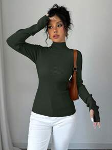 Chiquease 女式撞色立领插肩袖修身简约毛衣针织套头衫秋冬 - 軍綠色 - 查看 6