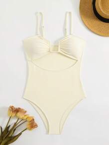 Swim Chiccia New Solid Color Sling U-Neck Elegant One-Piece Swimsuit For Women, Summer - Beige - View 6
