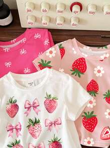 SHEIN 可爱草莓蝴蝶结、花卉心形印花、粉色、休闲基本款短袖圆领 T 恤，适合年轻女孩，适合春夏季 - 彩色 - 查看 4