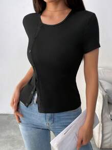 Chiquease 女士纯色短袖罗纹插肩亨利衫