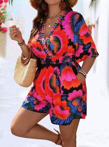 Breezaya Mono de cintura con estampado floral vintage y cuello en V, de moda para usar en primavera y verano de resort