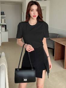 DAZY Solid Round Neck Tee,Crop Tops Women - Black - View 3