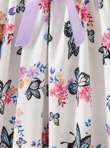 SHEIN Girls Ribbed Top & Rose Pattern Woven Fabric Print Summer Holiday Party Dress - Purple - View 5