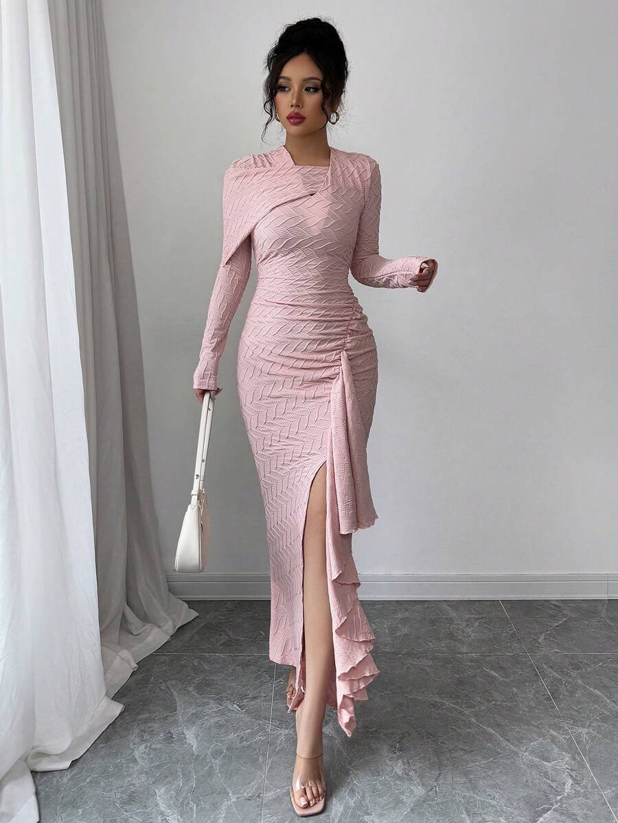 Elenzga 1 件女式纹理设计长袖针织连衣裙