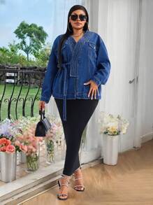 Chaqueta estilo kimono de mezclilla con cinturón, talla grande, estilo vintage