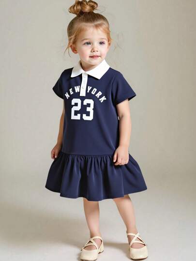 1 件女童休闲学院风白领前开蓝宝石蓝短袖连衣裙，年轻女孩礼服