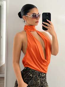 SHEIN ICON Solid Color Plunge Neck Backless Halter Top, Sexy - Orange - View 3