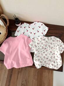 SHEIN 3pcs/Set Baby Girl Casual Cherry & Ditsy Floral Round Neck Short Sleeve T-Shirts, Suitable For Spring & Summer - Multicolor - View 2