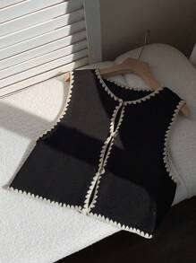 Comfortcana Western Boohoo  Summer Women Contrast Color Trim Front Button Sleeveless Knit Top - Black - View 6