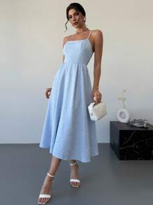 Firerie Abito da donna elegante e romantico, in tessuto dall'effetto minimale, con spalline sottili, di lunghezza media, adatto per appuntamenti e vacanze in primavera/estate - Blu - Visualizzare 2