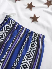 3pcs/Set Young Boy Abya Moon Lantern Retro Print T-Shirt, Totem Retro Print Vest, And Pants Set. This Culturally Meaningful 3-Piece Set Is Great For Celebration, Family Gatherings, Festivals, Or Everyday Wear, Showcasing The Vitality And Personalized Of Young Boys. - Blue - View 5