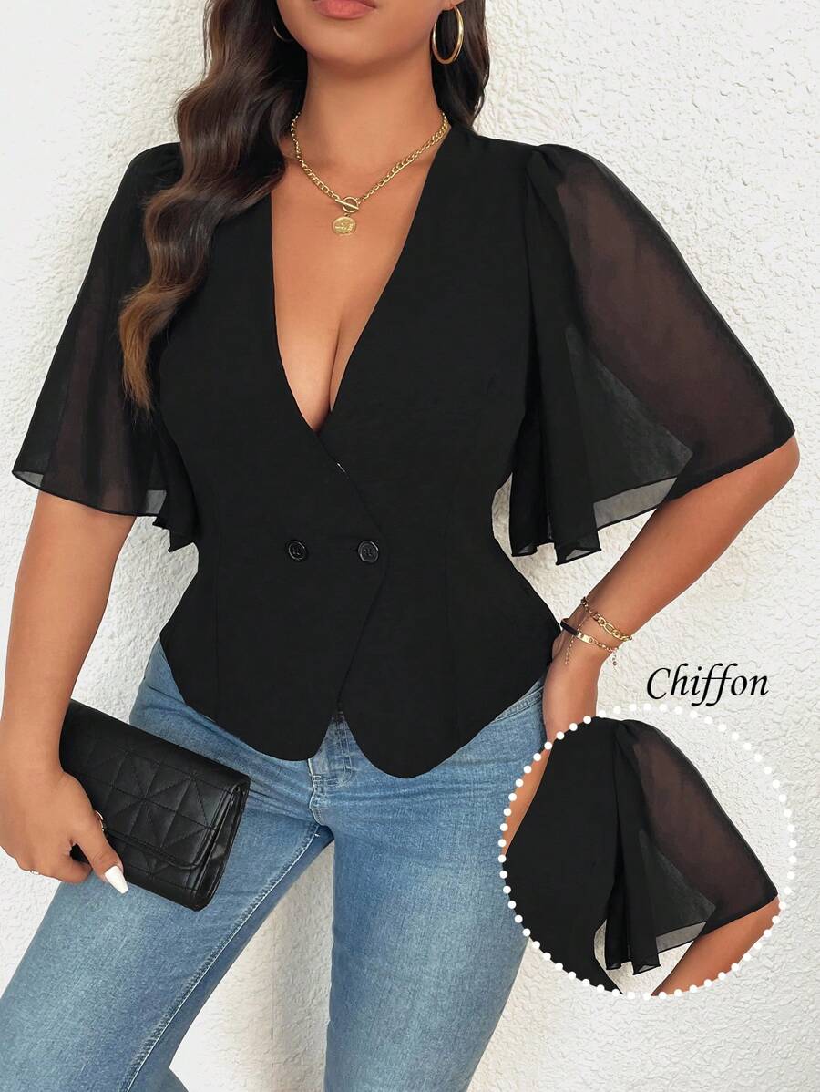 SHEIN Unity Fashionable Spring/Summer French V-Neck Chiffon Patchwork Blazer Graduation,Back To School,Teacher Outfits For Women - Black - View 1