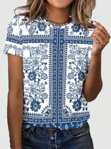 SHEIN LUNE 大码全花卉印花休闲短袖 T 恤 - 彩色 - 查看 4