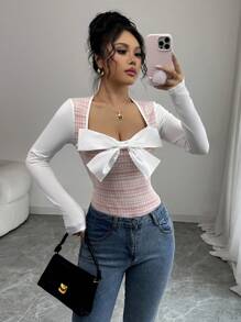 Chiquease 女士优雅修身长袖格子蝴蝶结 T 恤，适合春秋季节 - 紅色 - 查看 4