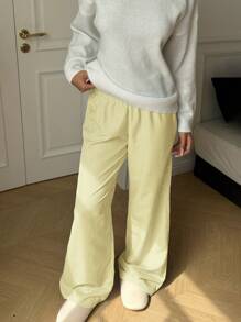 Aloruh 女士休闲度假蓝色条纹低腰弹性下摆长裤 - 黃色 - 查看 5