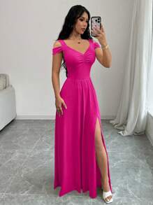 Rafferiza V-Neck Cinched Waist Retro Vintage Style Women Dress Fall Cloth For Women - Hot Pink - View 5
