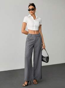 SHEIN Tall Women's Gray Solid Color Commuting Casual/Office Wear/Old Style/Fashion Outing/Summer Yarn-Dyed Jacquard Woven Straight Trousers/Summer Women's Trousers - Grey - View 1