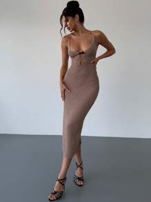 Firerie New Elegant Apricot Deep V-Neck Hollow Out Backless Cross Strap Fitted Crochet Spaghetti Strap Dress, Vacation Style, Spring/Summer Concert Rave Outfit Women